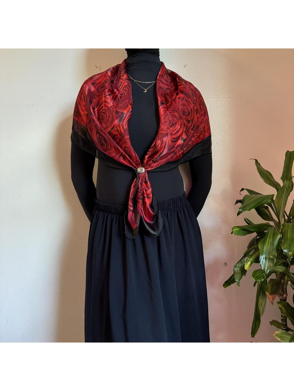 Red Rose Sheer Striped Silk Feel Square Scarf Romantic Goth Coquette Neck Wrap